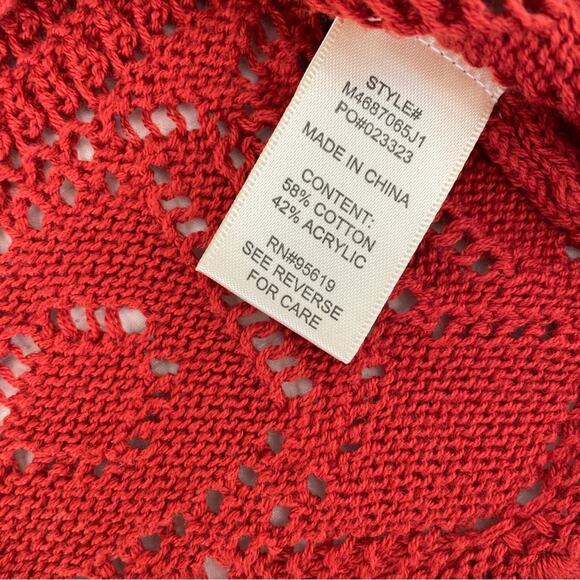 JohnPaulRichard Fringe Hem Red Knit Crocheted Short Sleeve Sweater Top Small - Picture 6 of 11